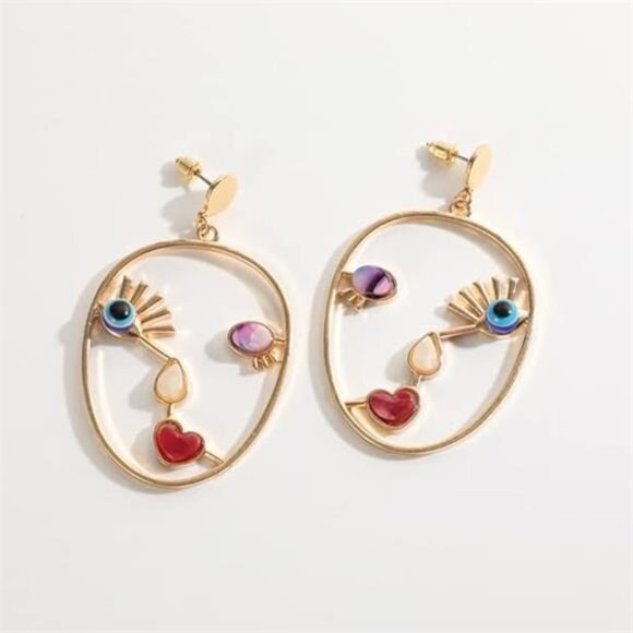 Vintage Abstract Face Earrings | Gold Alloy Art Earrings | Modern Minimalist Sta - Picture 5 of 6